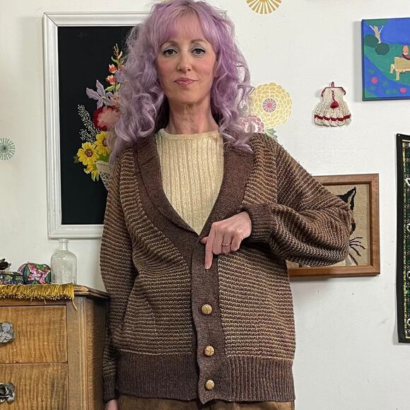 Vintage Grandpa Cardigan, 1970s Brown Tweed Deep V-Neck Button Front Sweater Lg - Picture 12 of 14